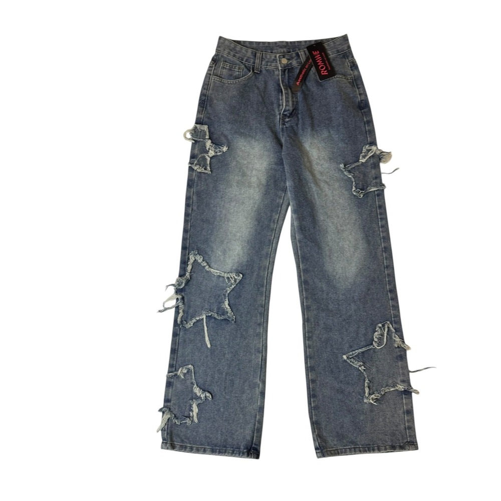 ROMWE Women Blue Denim Star Cutout Ripped Jeans Wide Leg Y2K GRUNGE Whimsy‎ Goth